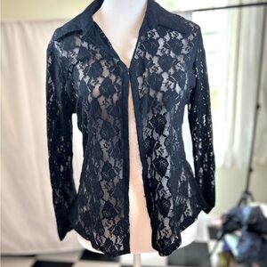 JKLA Black Lace See Through Blouse Button Up Hook& Eye.
